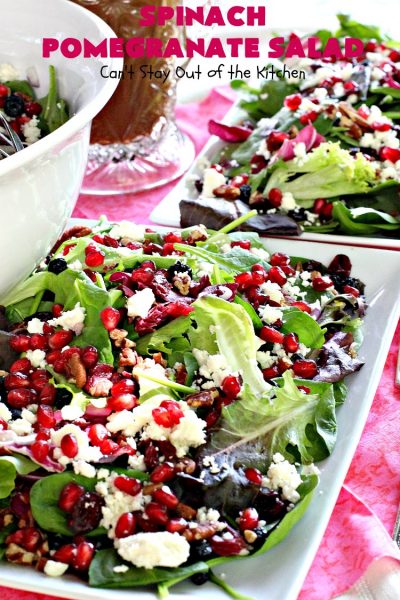 Spinach Pomegranate Salad | Can't Stay Out of the Kitchen | this fantastic #salad is filled with dried #blueberries, #craisins, #pecans #pomegranate arils & #feta cheese. It has a healthy 3-ingredient dressing using #maplesyrup. This is perfect for company or #holidays like #MothersDay or #FathersDay. #glutenfree #cleaneating