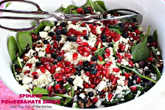 Spinach Pomegranate Salad | Can't Stay Out of the Kitchen | this fantastic #salad is filled with dried #blueberries, #craisins, #pecans #pomegranate arils & #feta cheese. It has a healthy 3-ingredient dressing using #maplesyrup. This is perfect for company or #holidays like #MothersDay or #FathersDay. #glutenfree #cleaneating