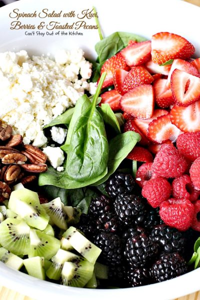 Spinach Salad with Kiwi, Berries and Toasted Pecans | Can't Stay Out of the Kitchen | This festive and scrumptious #salad is a lovely one to make during the #holidays. It's healthy, low calorie, and #glutenfree. #kiwi #blackberries #raspberries