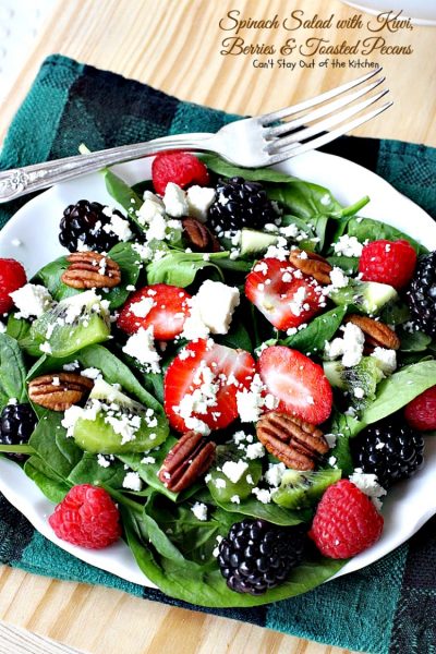 Spinach Salad with Kiwi, Berries and Toasted Pecans | Can't Stay Out of the Kitchen | This festive and scrumptious #salad is a lovely one to make during the #holidays. It's healthy, low calorie, and #glutenfree. #kiwi #blackberries #raspberries