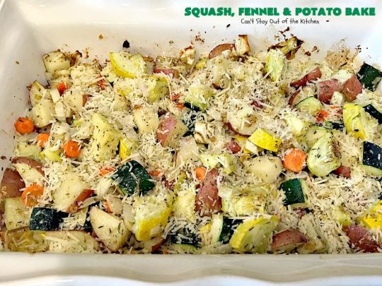 Squash, Fennel and Potato Bake | Can't Stay Out of the Kitchen | this amazing #casserole will blow your socks off! Great for company or as a #holiday #sidedish. #potatoes #zucchini #glutenfree