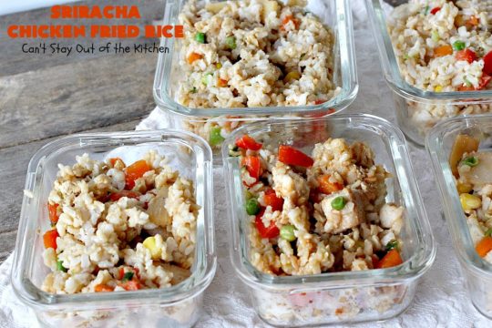 Sriracha Chicken Fried Rice | Can't Stay Out of the Kitchen | fantastic #chicken #friedrice entree. This one is spiced up with #Sriracha sauce! This 30-minute meal is a winner! #glutenfree #rice