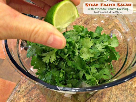 Steak Fajita Salad with Avocado Cilantro Dressing | Can't Stay Out of the Kitchen | this mouthwatering #Tex-Mex #salad has an amazing #avocado #cilantro salad dressing.
