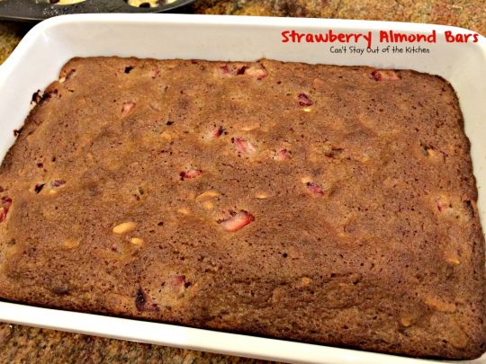 Strawberry Almond Bars | Can't Stay Out of the Kitchen | these luscious bars are made with #strawberries #almonds and #vanillachips and the icing is to die for! #dessert #cookie 