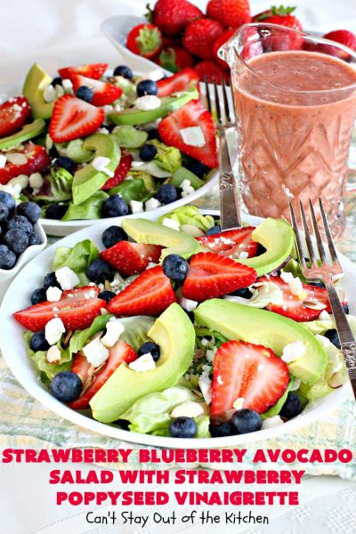 Strawberry Blueberry Avocado Salad with Strawberry Poppyseed Vinaigrette | Can't Stay Out of the Kitchen | this fantastic #salad and homemade dressing takes only about 10 minutes to make. It's festive, beautiful & a refreshing change for summer salads when you're trying to keep the heat out of your house! #blueberries #strawberries #avocados #glutenfree
