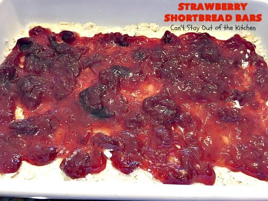 Strawberry Shortbread Bars | Can't Stay Out of the Kitchen | these fabulous #cookies have a shortbread crust, layered with #strawberry preserves & topped with a #coconut topping. They are terrific for #holiday parties & baking. #dessert