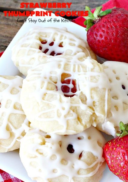 Strawberry Thumbprint Cookies | Can't Stay Out of the Kitchen | these kid-friendly #cookies are perfect for any kind of #holiday, family reunion, backyard BBQ, or other parties. So delicious. #dessert #strawberry