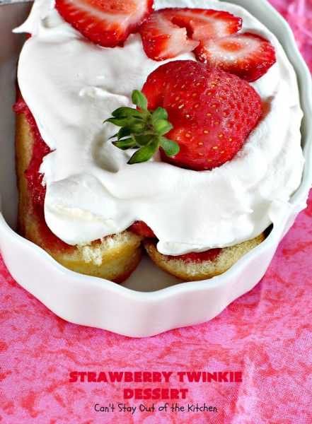 Strawberry Twinkie Dessert | Can't Stay Out of the Kitchen | this spectacular #dessert uses only 3 ingredients including #HostessTwinkies! Perfect #strawberry dessert for #FourthofJuly & other summer #holidays. So easy.
