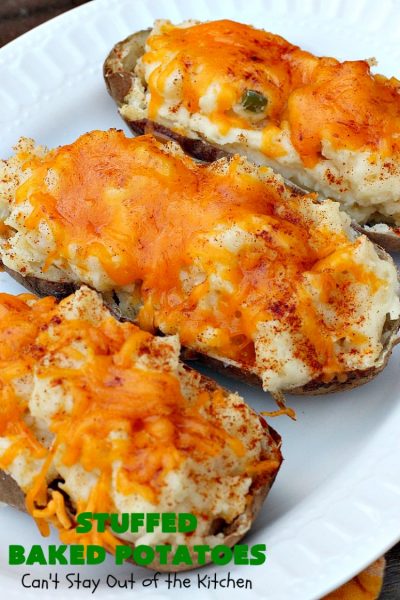 Stuffed Baked Potatoes | Can't Stay Out of the Kitchen | these wonderful #potatoes use two cheeses--#cheddar & #parmesan. They're filled with flavor and terrific for company or #holiday dinners like #Easter or #MothersDay. #StuffedBakedPotatoes #GlutenFree #SideDish #DoubleStuffedBakedPotatoes #casserole #HolidaySideDish 