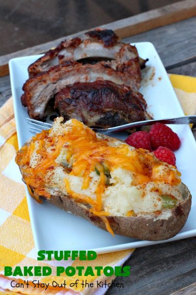 Stuffed Baked Potatoes | Can't Stay Out of the Kitchen | these wonderful #potatoes use two cheeses--#cheddar & #parmesan. They're filled with flavor and terrific for company or #holiday dinners like #Easter or #MothersDay. #StuffedBakedPotatoes #GlutenFree #SideDish #DoubleStuffedBakedPotatoes #casserole #HolidaySideDish 