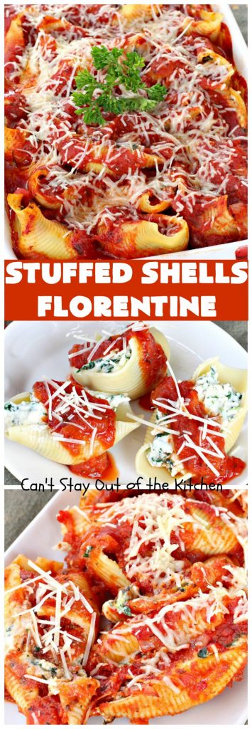 Stuffed Shells Florentine | Can't Stay Out of the Kitchen | We love this fantastic #pasta #recipe. Jumbo shells are stuffed with a #RicottaCheese, #ParmesanCheese & #spinach filling. Then they're baked with #SpaghettiSauce poured over top. More #parmesan is added before serving. Terrific for company too. #MeatlessMondays #StuffedShells