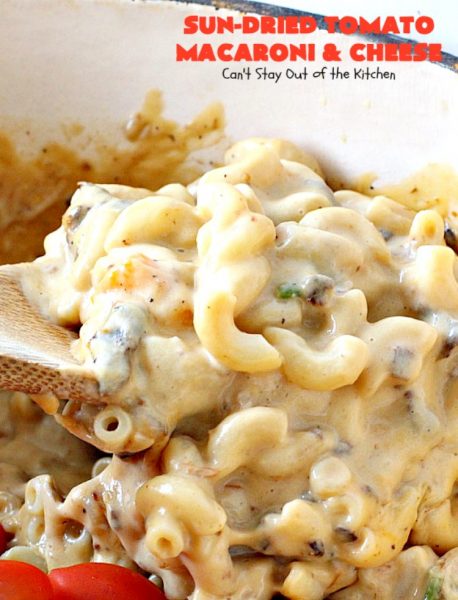 Sun-Dried Tomato Macaroni and Cheese | Can't Stay Out of the Kitchen | this amazing #cheesy #Mac&Cheese recipe adds savory goodness from #mushrooms, bell peppers & #sundriedtomatoes. Great #pasta entree for #MeatlessMondays. I used #glutenfree #macaroni.