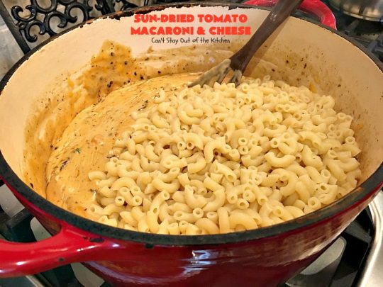 Sun-Dried Tomato Macaroni and Cheese | Can't Stay Out of the Kitchen | this amazing #cheesy #Mac&Cheese recipe adds savory goodness from #mushrooms, bell peppers & #sundriedtomatoes. Great #pasta entree for #MeatlessMondays. I used #glutenfree #macaroni.