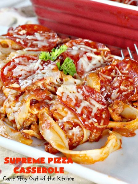 Supreme Pizza Casserole | Can't Stay Out of the Kitchen | this fantastic #pasta #casserole is filled with #fettucini, #mozzarella, #parmesan & #pepperoni. It's like eating #pizza in #pasta form! Totally delicious & kid friendly. #beef