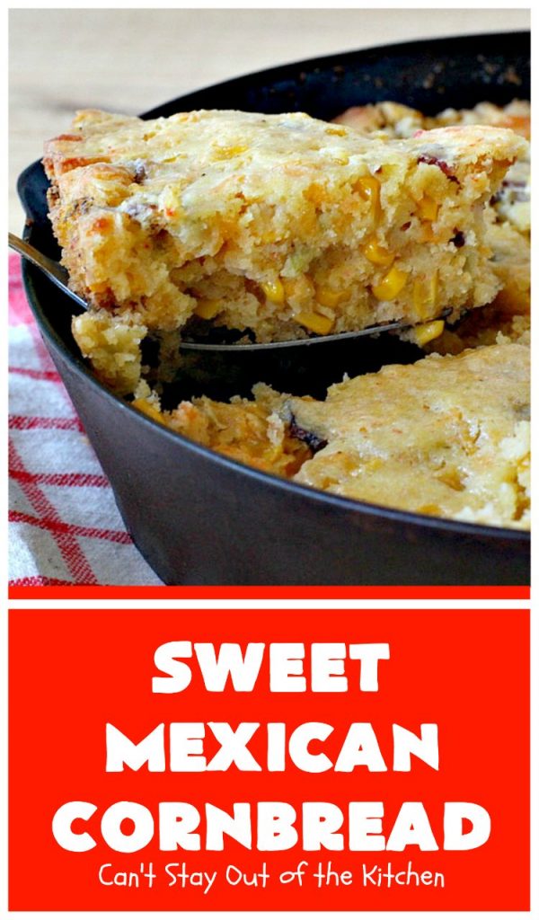 Sweet Mexican Cornbread | Can't Stay Out of the Kitchen | this is one of the best #cornbread #recipes ever! It starts with a #Zatarains honey butter cornbread mix. Add Fiesta #corn, green #chilies  & #bacon & you have the most heavenly cornbread you'll ever eat. Perfect side for any soup, stew or chili recipe. #TexMex #SweetMexicanCornbread