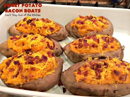 Sweet Potato Bacon Boats | Can't Stay Out of the Kitchen | Amazing #sidedish loaded with #bacon & #cheddarcheese. This is my favorite #SweetPotatoes #recipe for #holidays like #Thanksgiving or #Christmas. 