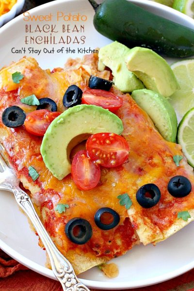 Sweet Potato Black Bean Enchiladas | Can't Stay Out of the Kitchen | these #enchiladas are absolutely awesome. Great #TexMex #MeatlessMonday recipe. #glutenfree #blackbeans #sweetpotatoes 