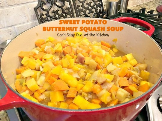Sweet Potato Butternut Squash Soup | Can't Stay Out of the Kitchen | this delectable 30-minute #soup is amazing comfort food. It's terrific for cold, winter days. It's healthy, #glutenfree & #vegan. #apples #butternutsquash #sweetpotatoes 
