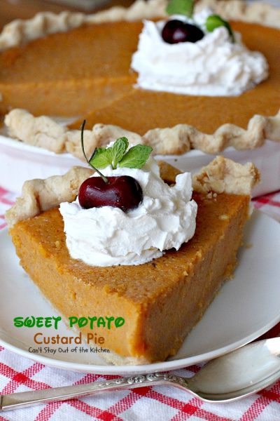 Sweet Potato Custard Pie | Can't Stay Out of the Kitchen | this heavenly #sweetpotato #pie is divine! No kidding. This one includes almond extract and #marshmallowcreme. Great for the #holidays. #dessert