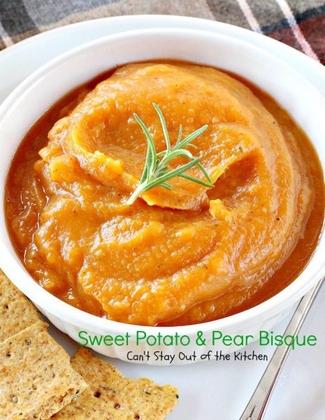 Sweet Potato and Pear Bisque | Can't Stay Out of the Kitchen | my favorite #sweetpotato #soup recipe. This one includes #pears. It's thick, creamy & amazing comfort food. #glutenfree #vegan