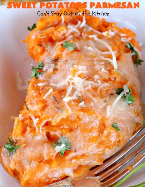 Sweet Potatoes Parmesan | Can't Stay Out of the Kitchen | this is one of our favorite savory #sweetpotato #casseroles. It's filled & topped with #parmesancheese. Great for #Thanksgiving or #Christmas.