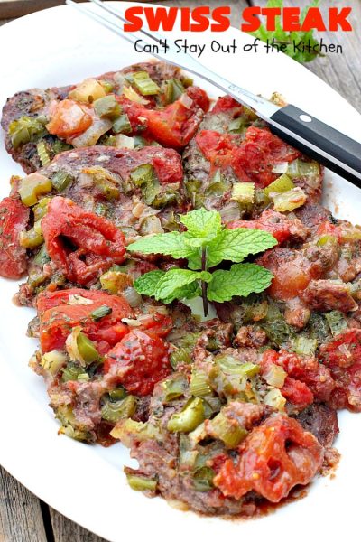 Swiss Steak | Can't Stay Out of the Kitchen | Delicious #cubesteak entree is smothered with #stewedtomatoes, celery, onions & bell pepper. This #glutenfree version is baked rather than fried so it's healthier & #lowcalorie. Our company loved this #beef #maindish  #recipe. #tomatoes #Swisssteak #steakdinner