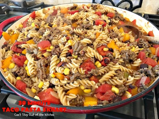 30-Minute Taco Pasta Skillet | Can't Stay Out of the Kitchen | This delicious #TexMex #beef entree includes #glutenfree #pasta, #beans & corn and can be made in about 30 minutes. The toppings make this dish fabulous. It's great for weeknight dinners! #avocados