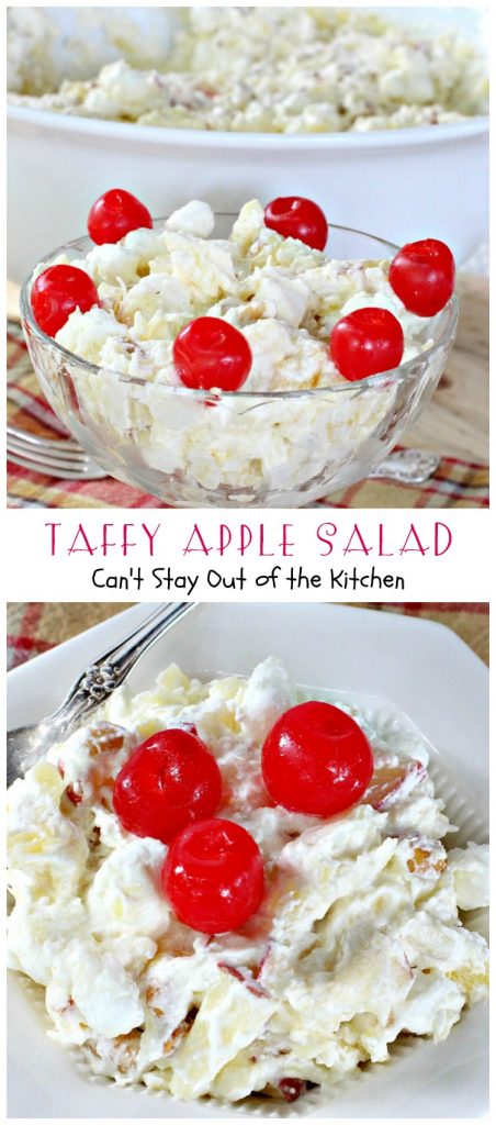 Taffy Apple Salad | Can't Stay Out of the Kitchen | This delectable #salad tastes just like eating #candyapples! It's great for #holiday menus. #apples #peanuts #pineapple