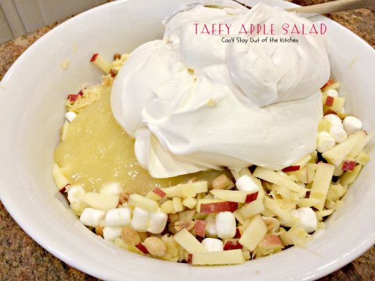 Taffy Apple Salad | Can't Stay Out of the Kitchen | This delectable #salad tastes just like eating #candyapples! It's great for #holiday menus. #apples #peanuts #pineapple