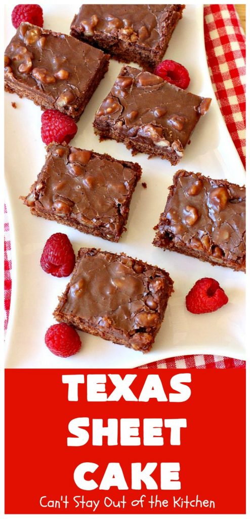 Texas Sheet Cake | Can't Stay Out of the Kitchen | this #ChocolateFudgeCake is divine! It's so chocolaty, so fudgy that you won't want to stop eating it! Perfect #dessert for #tailgating parties, potlucks or #holidays like #Easter or #MothersDay since it makes 48 servings! #cake #chocolate #fudge #walnuts #TexasSheetCake #SheetCake #ChocolateFudgeSheetCake 