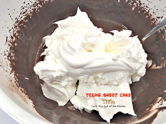 Texas Sheet Cake Trifle | Can't Stay Out of the Kitchen | This spectacular #dessert is divine! Uses #TexasSheetCake plus the #chocolate #pecan icing and a chocolate pudding layer in a trifle dish with #CoolWhip and #maraschinocherries. Amazing.