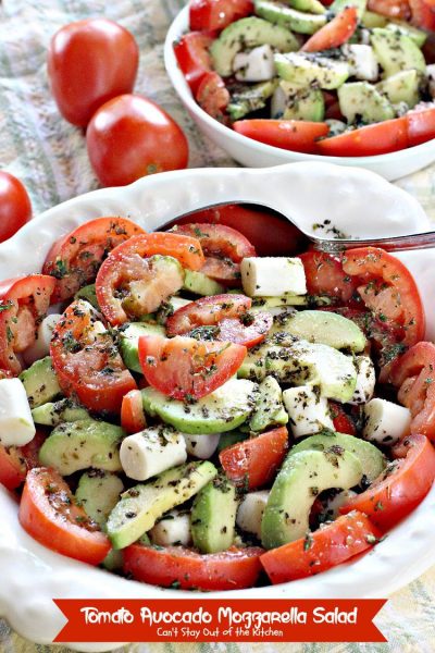 Tomato Avocado Mozzarella Salad | Can't Stay Out of the Kitchen | spectacular #Greek or #caprese style #salad with a delicious homemade #saladdressing. #glutenfree #tomatoes #avocados