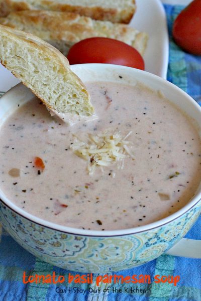 Tomato Basil Parmesan Soup | Can't Stay Out of the Kitchen | this creamy, cheesy #soup is amazing. You won't want to stop after eating the first bite! Plus it's so easy because it's made in the #crockpot! #tomatoes #cheese