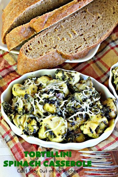 Tortellini Spinach Casserole | Can't Stay Out of the Kitchen | this delicious #pasta entree is incredibly mouthwatering. It's filled with #spinach, several kinds of #cheese & cheese #tortellini. It's terrific for #MeatlessMondays as well as company. #mushrooms #casserole 