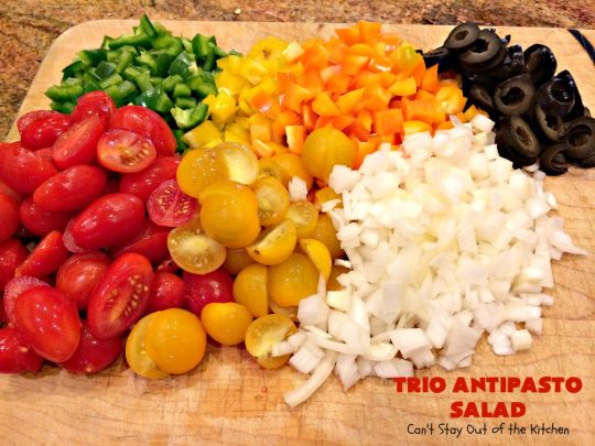 Trio Antipasto Salad | Can't Stay Out of the Kitchen | this favorite #pasta #salad includes #pepperoni, #salami & #provolone cheese. The homemade #vinaigrette is delightful. Great for potlucks, reunions & summer #BBQs.