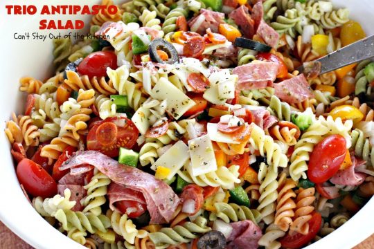 Trio Antipasto Salad | Can't Stay Out of the Kitchen | this favorite #pasta #salad includes #pepperoni, #salami & #provolone cheese. The homemade #vinaigrette is delightful. Great for potlucks, reunions & summer #BBQs.