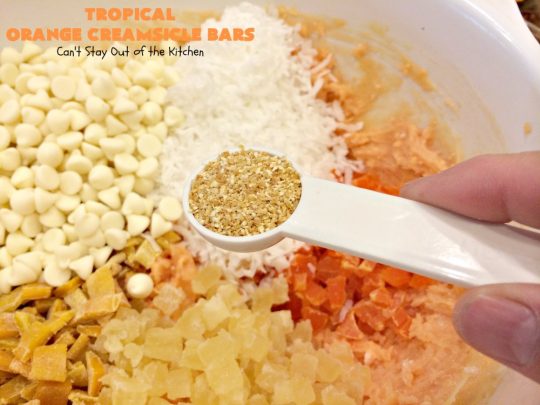 Tropical Orange Creamsicle Bars | Can't Stay Out of the Kitchen | these rich, decadent, heavenly #cookies use #OrangeCreamsicleCookieMix & frosting. They also have tropical #DriedFruits like #Mango, #papaya & #pineapple. #VanillaChips & #coconut make them so mouthwatering. Terrific #dessert for #Easter. #holiday #EasterDessert #MothersDay #MothersDayDessert #Tailgating #brownie #OrangeCreamsicle #TropicalOrangeCreamsicleBars #OrangeCreamsicleDessert