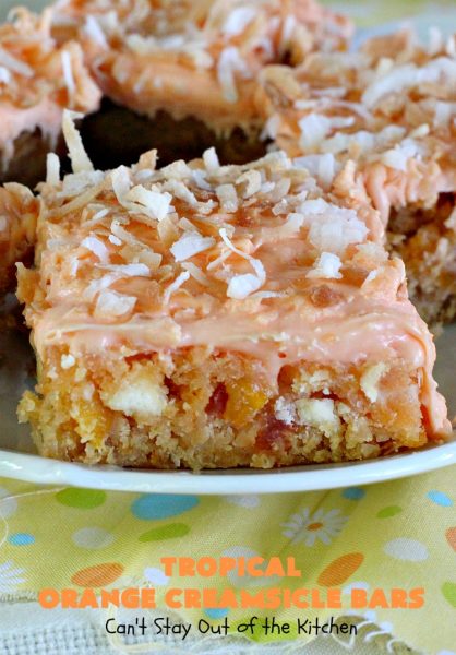 Tropical Orange Creamsicle Bars | Can't Stay Out of the Kitchen | these rich, decadent, heavenly #cookies use #OrangeCreamsicleCookieMix & frosting. They also have tropical #DriedFruits like #Mango, #papaya & #pineapple. #VanillaChips & #coconut make them so mouthwatering. Terrific #dessert for #Easter. #holiday #EasterDessert #MothersDay #MothersDayDessert #Tailgating #brownie #OrangeCreamsicle #TropicalOrangeCreamsicleBars #OrangeCreamsicleDessert
