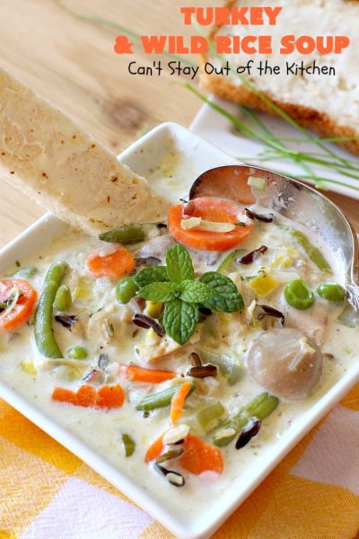 Turkey and Wild Rice Soup | Can't Stay Out of the Kitchen | this fantastic #soup is the perfect comfort food for the cold, dreary nights of winter. It will warm you up and put a smile on your face! #Turkey #TurkeySoup #TurkeyandWildRiceSoup #greenbeans #carrots #peas #WildRice #GlutenFree #mushrooms #Fall #FallSoupRecipe #GlutenFreeSoup #GlutenFreeTurkeySoup