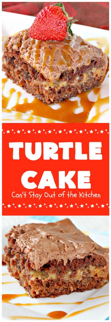 Turtle Cake | Can't Stay Out of the Kitchen | the richest, most decadent & divine #dessert ever! Tastes like eating #TurtleCandies but in #cake form. Uses #chocolate cake mix, #caramels melted with condensed milk, chocolate chips & pecans and topped with a luscious chocolate #marshmallow frosting.