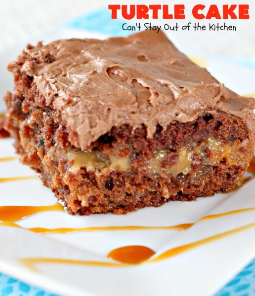 Turtle Cake | Can't Stay Out of the Kitchen | the richest, most decadent & divine #dessert ever! Tastes like eating #TurtleCandies but in #cake form. Uses #chocolate cake mix, #caramels melted with condensed milk, chocolate chips & pecans and topped with a luscious chocolate #marshmallow frosting. 