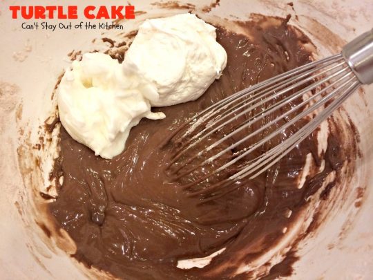 Turtle Cake | Can't Stay Out of the Kitchen | the richest, most decadent & divine #dessert ever! Tastes like eating #TurtleCandies but in #cake form. Uses #chocolate cake mix, #caramels melted with condensed milk, chocolate chips & pecans and topped with a luscious chocolate #marshmallow frosting. 