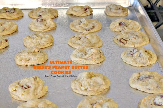 Ultimate Reese's Peanut Butter Cookies | Can't Stay Out of the Kitchen | these amazing #cookies contain double the #peanutbutter flavor with peanut butter chips & #Reeses peanut butter cups! Rich, decadent, divine #dessert that's the perfect way to use up #halloween candy. 