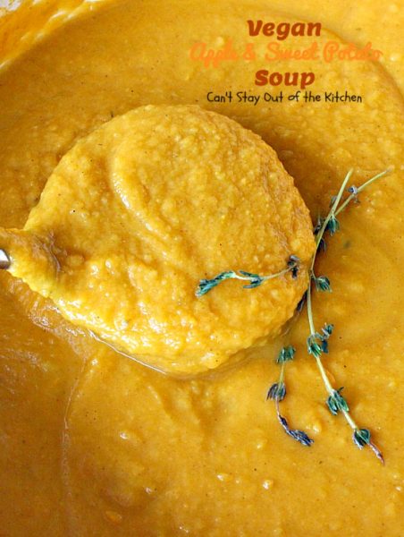 Vegan Apple and Sweet Potato Soup | Can't Stay Out of the Kitchen | this #soup is so delicious (& easy to make) that you won't believe it's healthy, low calorie, #glutenfree & #vegan. Incredibly great comfort food! #apples #sweetpotatoes 