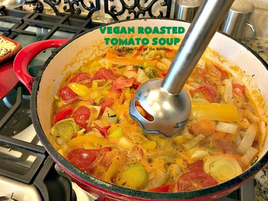 Vegan Roasted Tomato Soup | Can't Stay Out of the Kitchen | this fantastic #tomatosoup uses roasted #veggies, #basil & homemade #glutenfree croutons. Absolutely wonderful! #vegan #soup