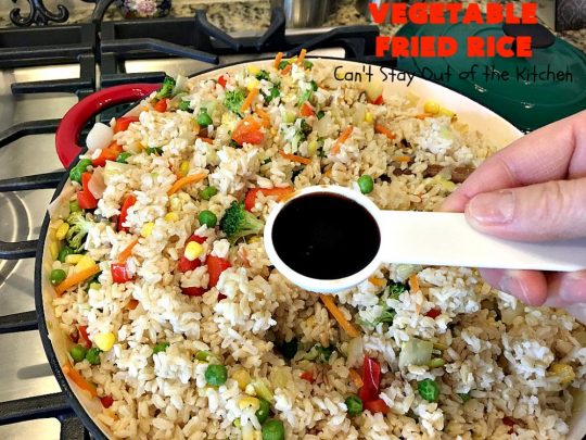 Vegetable Fried Rice | Can't Stay Out of the Kitchen | fantastic 30-minute meal! This amazing #MeatlessMonday entree is chocked full of delicious #veggies making it a much healthier version than many store-bought #FriedRice options. I made it in bulk for #freezermeals. #rice #broccoli #carrots #mushrooms