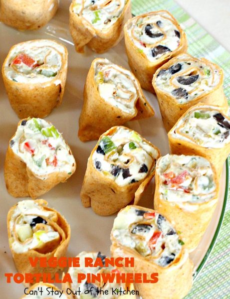 Veggie Ranch Tortilla Pinwheels | Can't Stay Out of the Kitchen | these #TexMex #appetizers are heavenly! They're made with a cream cheese & #Ranch dressing mix base. Then filled with green #chilies, #bacon, #olives & #peppers. Perfect for #tailgating, #NewYearsEve or #SuperBowl parties!