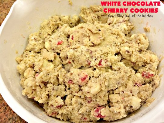 White Chocolate Cherry Cookies | Can't Stay Out of the Kitchen | these over-the-top #cookies will knock your socks off! They're filled with white #chocolate chips, #pecans & #candiedcherries. They're awesome for #holiday #baking & #Christmas #cookie exchanges. #dessert #cherrydessert #ChristmasDessert #whitechocolatedessert #chocolatedessert #whitechocolate