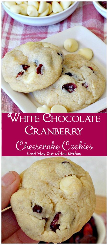 White Chocolate Cranberry Cheesecake Cookies | Can't Stay Out of the Kitchen | #Starbucks copycat recipe. #cheesecake pudding mix takes these scrumptious #cookies to the next level. They are sensational! #whitechocolate #craisins #dessert