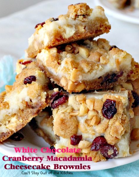 White Chocolate Cranberry Macadamia Cheesecake Brownies | Can't Stay Out of the Kitchen |we love these spectacular #brownies. They have a delectable #cheesecake layer in the middle & they're perfect for #tailgating parties. #chocolate #dessert #cranberries